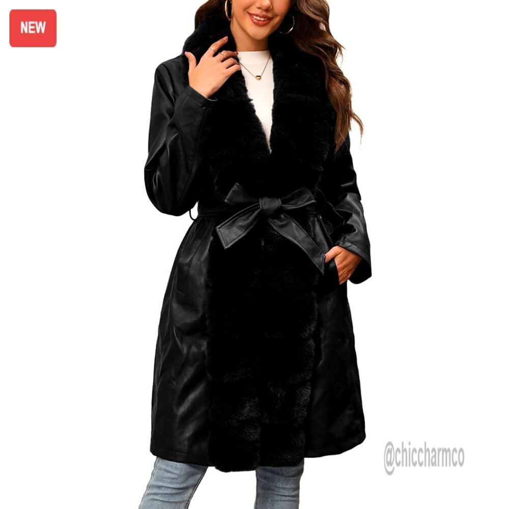 Faux Leather Puffer Jacket with Fur Collar Water-resistant Belted Winter Coat